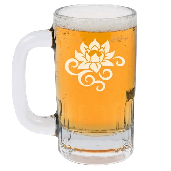 12oz Beer Mug Stein Glass Lotus Flower Scroll