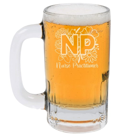 12oz Beer Mug Stein Glass NP Floral Nurse Practitioner Gift