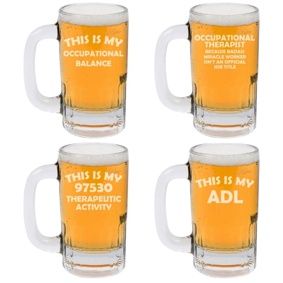 12oz Beer Mug Stein Glass Occupational Therapist Therapy Collection Gift Set of 4