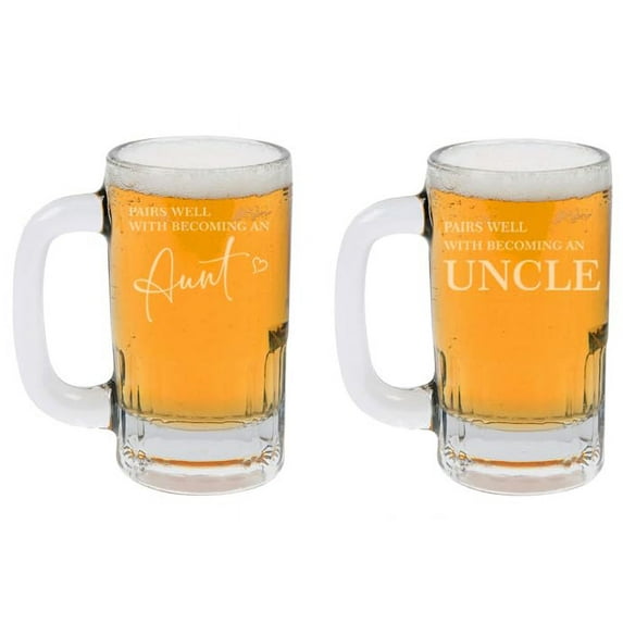 12oz Beer Mug Stein Glass Set of 2 Gift Pairs Well With Becoming An Aunt & Uncle Baby Pregnancy Announcement Baby Reveal