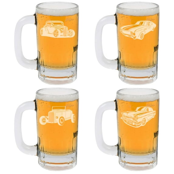 12oz Beer Mug Stein Glass Set of 4 Gift Classic Cars Hotrod Collection