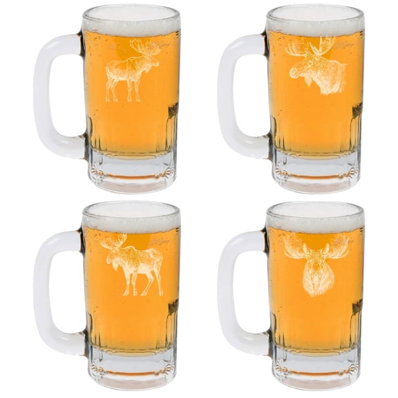 12oz Beer Mug Stein Glass Set of 4 Gift Moose Collection