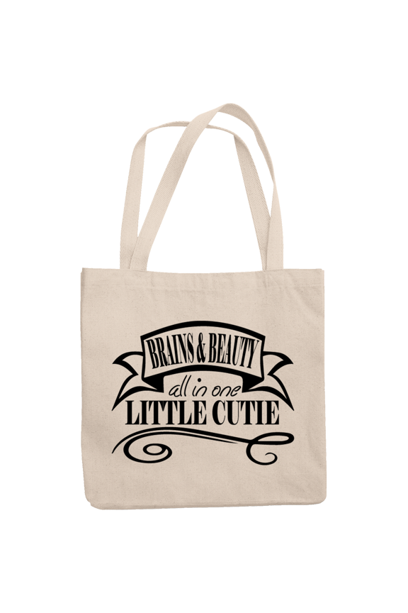 12oz Canvas Tote Bag - Brains & Beauty, All In One Little Cutie, Brainy and Beautiful Quote - Beauty Themed Merch for Makeup Artist or Cosmetologist, Gift for Makeup Lovers & Beauticians