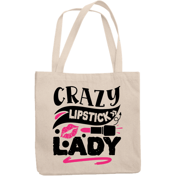 12oz Canvas Tote Bag - Crazy Lipstick Lady with Artsy Design - Beauty Themed Merch for Makeup Artist or Cosmetologist, Gift for Makeup Lovers & Beauticians