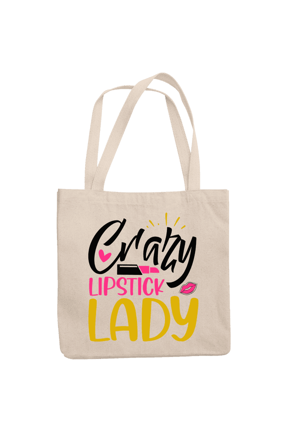 12oz Canvas Tote Bag - Crazy Lipstick Lady - Beauty Themed Merch for Makeup Artist or Cosmetologist, Gift for Makeup Lovers & Beauticians