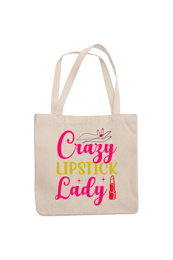12oz Canvas Tote Bag - Girly Crazy Lipstick Lady Quote Text with Red Lipstick Design - Beauty Themed Merch for Makeup Artist or Cosmetologist, Gift for Makeup Lovers & Beauticians
