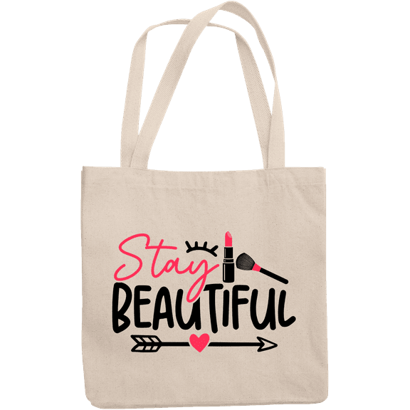 12oz Canvas Tote Bag - Girly Stay Beautiful Quote with Eyelash, Lipstick, Brush, Heart & Arrow Design - Beauty Themed Merch for Makeup Artist or Cosmetologist, Gift for Makeup Lovers & Beauticians