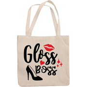 12oz Canvas Tote Bag - Gloss Boss with Red Lips, High Heels & Heart Design - Beauty Themed Merch for Makeup Artist or Cosmetologist, Gift for Makeup Lovers & Beauticians