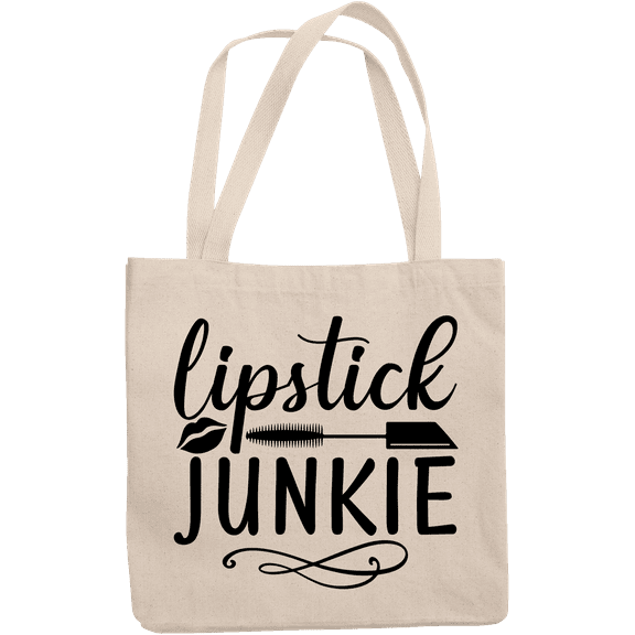 12oz Canvas Tote Bag - Lipstick Junkie with Lips and Liquid Lipstick Applicator Design - Beauty Themed Merch for Makeup Artist or Cosmetologist, Gift for Makeup Lovers & Beauticians