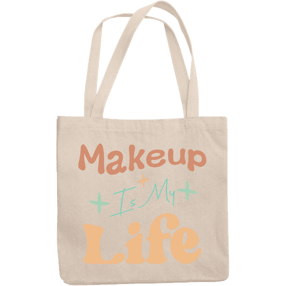 12oz Canvas Tote Bag - Makeup Is My Life with Pastel Colored Text Design - Beauty Themed Merch for Makeup Artist or Cosmetologist, Gift for Makeup Lovers & Beauticians