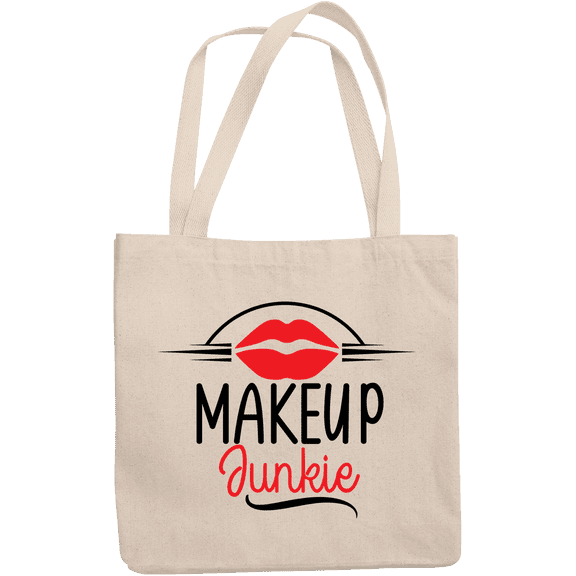 12oz Canvas Tote Bag - Makeup Junkie with Red Lips Design - Beauty Themed Merch for Makeup Artist or Cosmetologist, Gift for Makeup Lovers & Beauticians