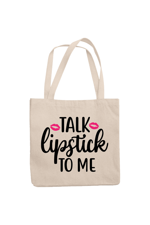 12oz Canvas Tote Bag - Talk Lipstick to Me Quote with Lips Design - Beauty Themed Merch for Makeup Artist or Cosmetologist, Gift for Makeup Lovers & Beauticians