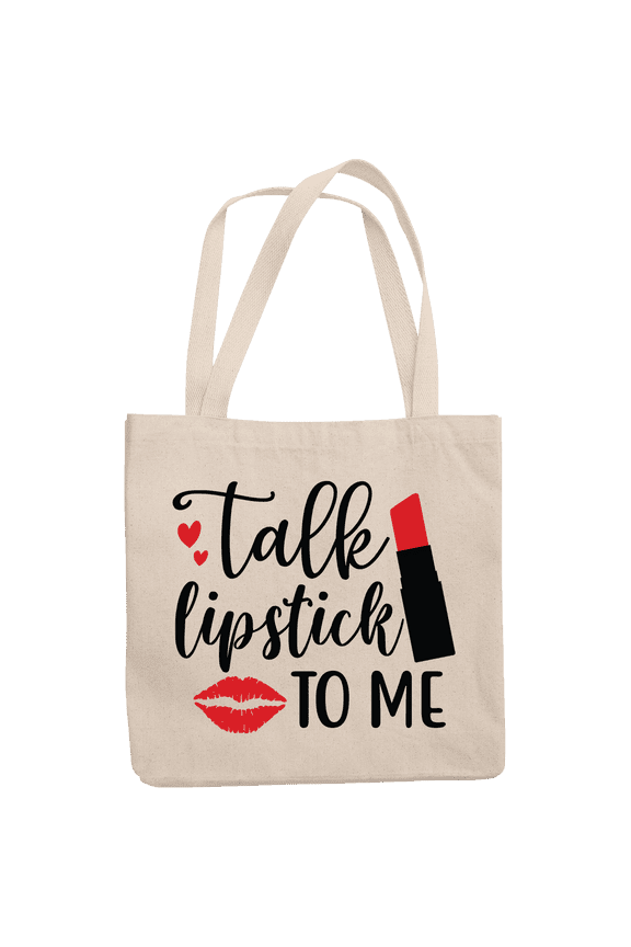 12oz Canvas Tote Bag - Talk Lipstick to Me with Red Lips & Hearts Design - Beauty Themed Merch for Makeup Artist or Cosmetologist, Gift for Makeup Lovers & Beauticians