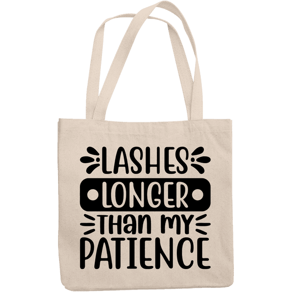 12oz Canvas Tote Bag - Witty Lashes Longer Than My Patience Quote - Beauty Themed Merch for Makeup Artist or Cosmetologist, Gift for Makeup Lovers & Beauticians