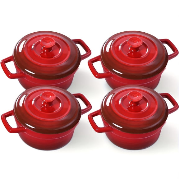 Set of 4 Mini Cocotte - 12Oz Ceramic Casserole Dishes - Kitchen Casserole Sets Featuring Handles And Lids - Small Baking Ramekins - Safe for Oven, Microwave & Dishwasher - Red