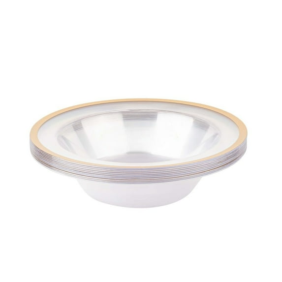 12oz Clear Plastic Round Bowls with Gold Rim - Wide Rimmed Disposable Plastic Soup Bowls, Heavy Duty Salad Bowls, Dessert Bowl, Baby Showers, Weddings, Birthday Party, BPA Free (40)
