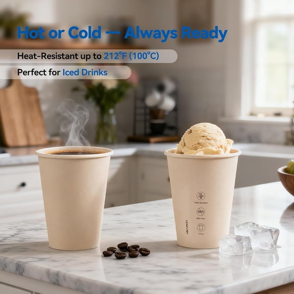 12oz Coffee Cups Disposable Paper Cups, 500 Pack – Unbleached Natural Bamboo Fiber for Hot and Cold Drinks, Great for Office, Home, and Parties