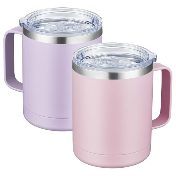 12oz Coffee Mugs with Handle 2 Pack, Stainless Steel Insulated Travel Tumblers with Lid, Double Wall Vacuum Camping Cups for Hot & Cold Drinks, Tea, Lilac & Pink