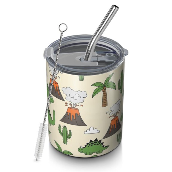 12oz Coffee Tumblers Beige Cartoon Dinosaurs Volcanoes Cacti Pattern Stainless Steel Vacuum Insulated Travel Tumbler Coffee Cups Mug with Lid and Straw with Cleaning Brush for Cold & Hot Drinks