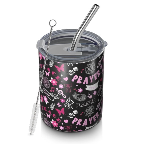 12oz Coffee Tumblers Black Breast Cancer Stainless Steel Vacuum Insulated Travel Tumbler Coffee Cups Mug with Lid and Straw with Cleaning Brush for Cold & Hot Drinks