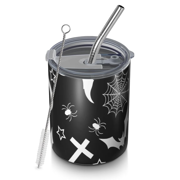 12oz Coffee Tumblers Black Halloween Bat Spider Pattern Stainless Steel Vacuum Insulated Travel Tumbler Coffee Cups Mug with Lid and Straw with Cleaning Brush for Cold & Hot Drinks
