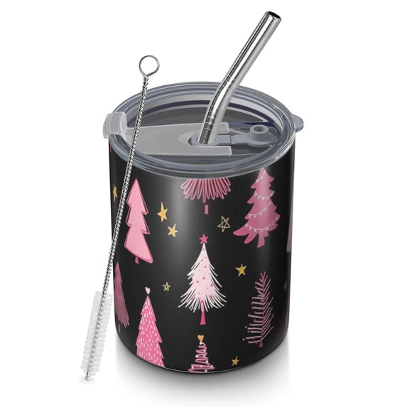 12oz Coffee Tumblers Black and Pink Christmas Tree Pattern Stainless Steel Vacuum Insulated Travel Tumbler Coffee Cups Mug with Lid and Straw with Cleaning Brush for Cold & Hot Drinks