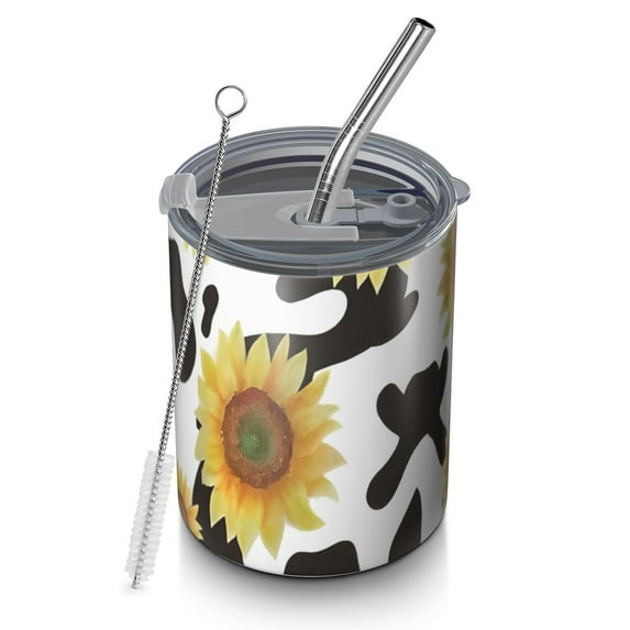 12oz Coffee Tumblers Black White Cow Pattern Sunflower Stainless Steel Vacuum Insulated Travel Tumbler Coffee Cups Mug with Lid and Straw with Cleaning Brush for Cold & Hot Drinks