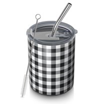 12oz Coffee Tumblers Black White and Gray Checkerboard Pattern Stainless Steel Vacuum Insulated Travel Tumbler Coffee Cups Mug with Lid and Straw with Cleaning Brush for Cold & Hot Drinks