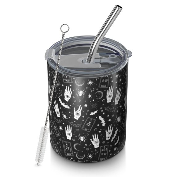 12oz Coffee Tumblers Black White Halloween Hand Tarot Bat Pattern Stainless Steel Vacuum Insulated Travel Tumbler Coffee Cups Mug with Lid and Straw with Cleaning Brush for Cold & Hot Drinks