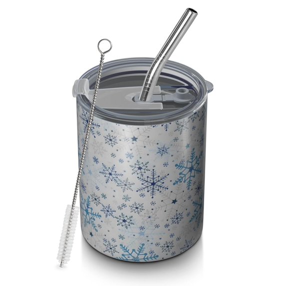 12oz Coffee Tumblers Blue Christmas Snowflake Pattern Stainless Steel Vacuum Insulated Travel Tumbler Coffee Cups Mug with Lid and Straw with Cleaning Brush for Cold & Hot Drinks