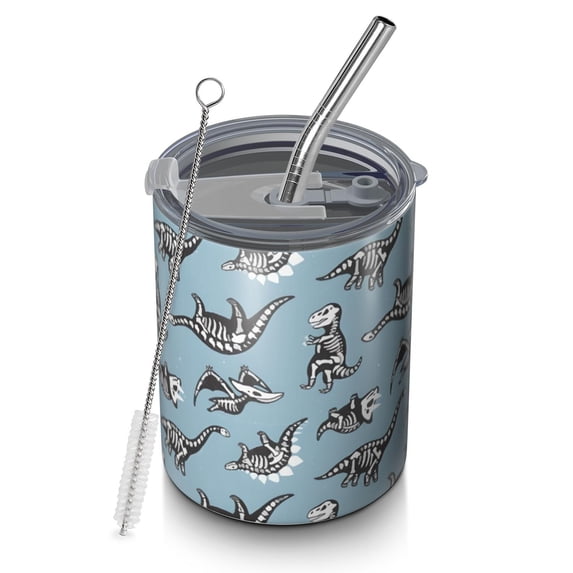 12oz Coffee Tumblers Blue Dinosaur Skeletons Pattern Stainless Steel Vacuum Insulated Travel Tumbler Coffee Cups Mug with Lid and Straw with Cleaning Brush for Cold & Hot Drinks