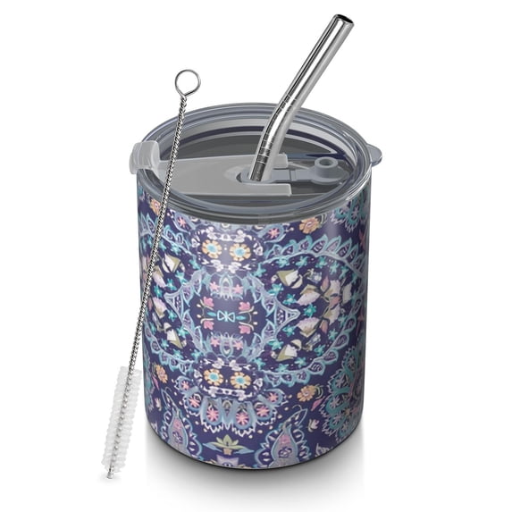 12oz Coffee Tumblers Blue Ethnic Paisley and Floral Pattern Stainless Steel Vacuum Insulated Travel Tumbler Coffee Cups Mug with Lid and Straw with Cleaning Brush for Cold & Hot Drinks