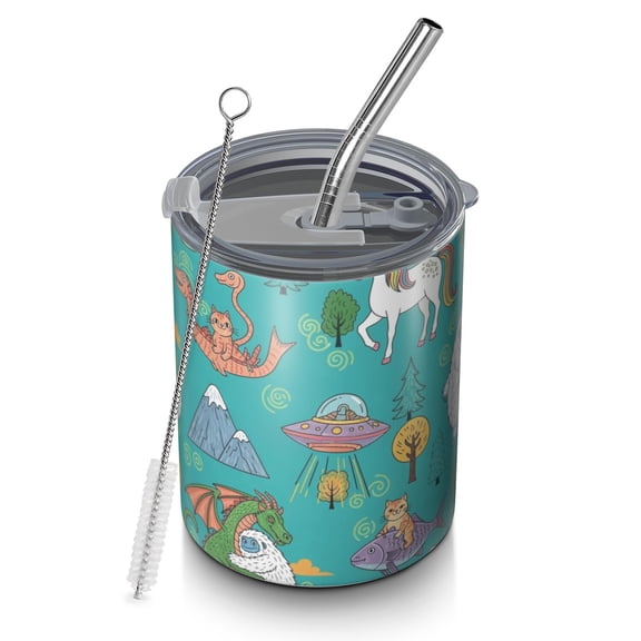 12oz Coffee Tumblers Blue Fantasy Creatures Pattern Stainless Steel Vacuum Insulated Travel Tumbler Coffee Cups Mug with Lid and Straw with Cleaning Brush for Cold & Hot Drinks
