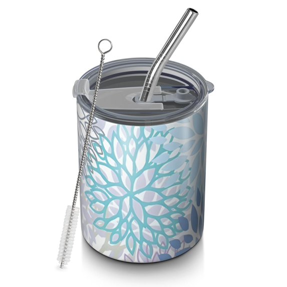 12oz Coffee Tumblers Blue Floral Leaf Pattern Stainless Steel Vacuum Insulated Travel Tumbler Coffee Cups Mug with Lid and Straw with Cleaning Brush for Cold & Hot Drinks