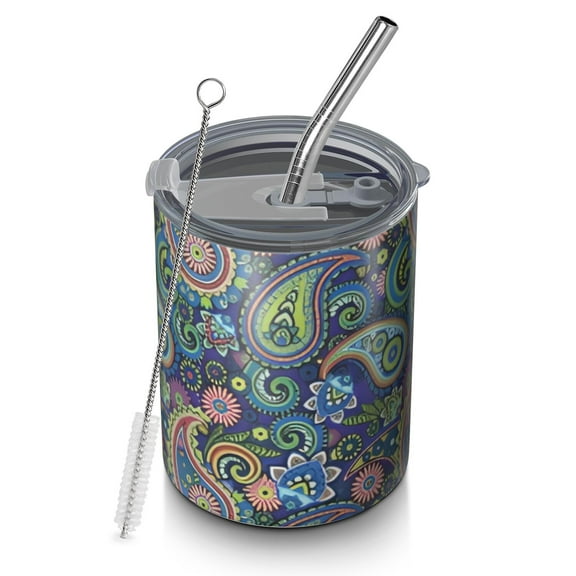 12oz Coffee Tumblers Blue Pioneer Flower and Paisley Pattern Stainless Steel Vacuum Insulated Travel Tumbler Coffee Cups Mug with Lid and Straw with Cleaning Brush for Cold & Hot Drinks
