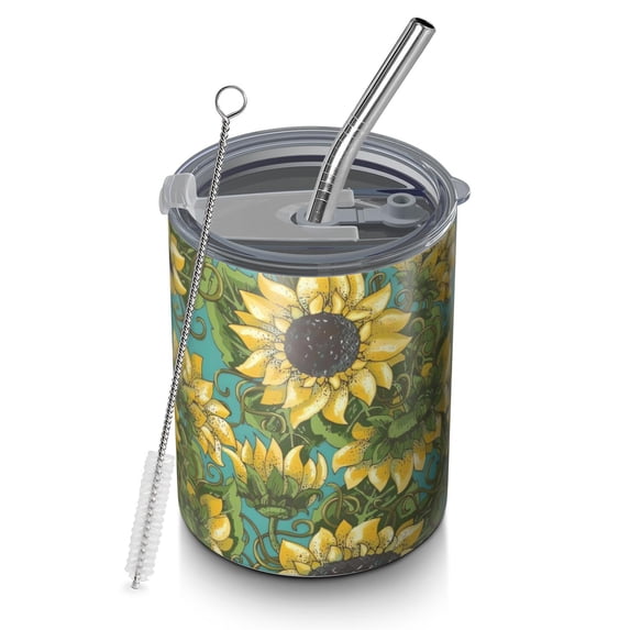 12oz Coffee Tumblers Blue Sunflower Vine Leaf Pattern Stainless Steel Vacuum Insulated Travel Tumbler Coffee Cups Mug with Lid and Straw with Cleaning Brush for Cold & Hot Drinks