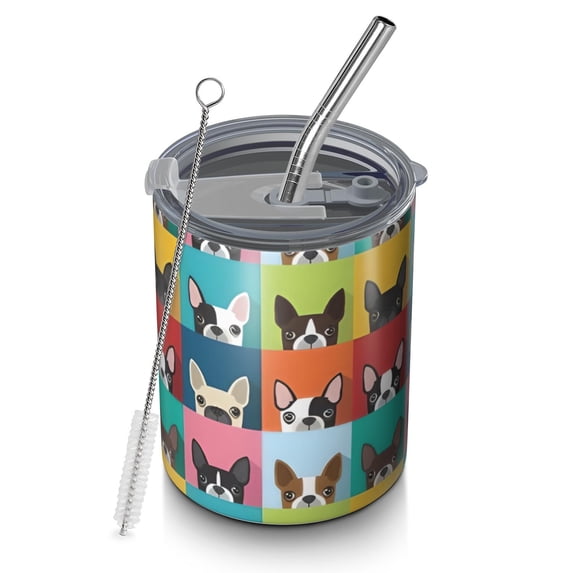 12oz Coffee Tumblers Boston Terrier Stainless Steel Vacuum Insulated Travel Tumbler Coffee Cups Mug with Lid and Straw with Cleaning Brush for Cold & Hot Drinks