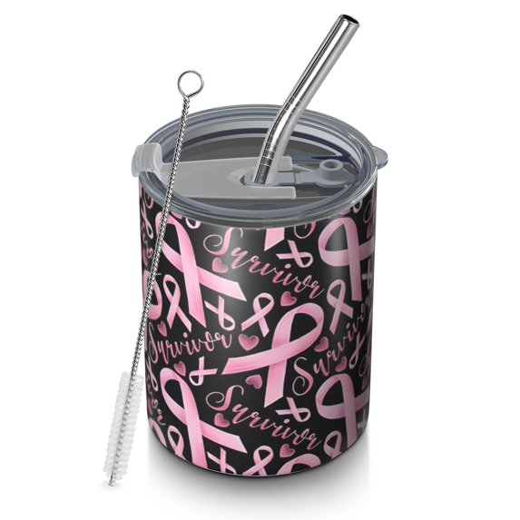 12oz Coffee Tumblers Breast Cancer Survivor Pink Ribbon Black Stainless Steel Vacuum Insulated Travel Tumbler Coffee Cups Mug with Lid and Straw with Cleaning Brush for Cold & Hot Drinks