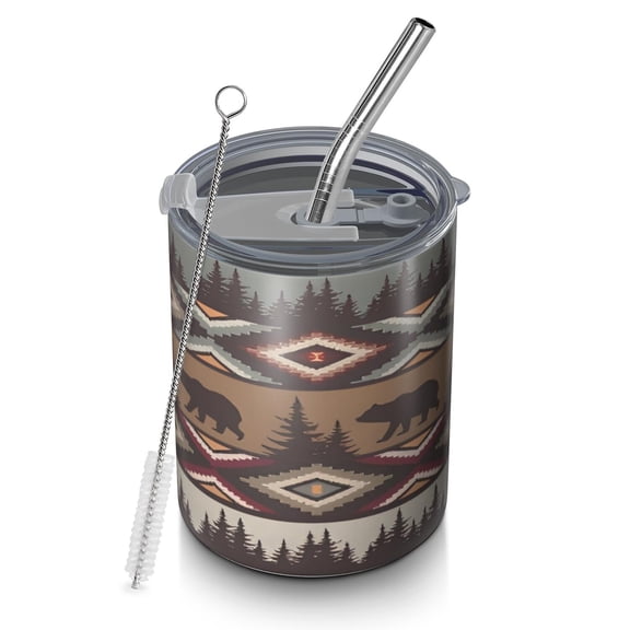 12oz Coffee Tumblers Brown Geometric and Bear Pattern Stainless Steel Vacuum Insulated Travel Tumbler Coffee Cups Mug with Lid and Straw with Cleaning Brush for Cold & Hot Drinks