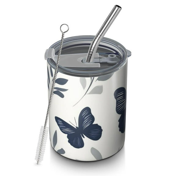 12oz Coffee Tumblers Butterfly and Leaves Pattern Stainless Steel Vacuum Insulated Travel Tumbler Coffee Cups Mug with Lid and Straw with Cleaning Brush for Cold & Hot Drinks