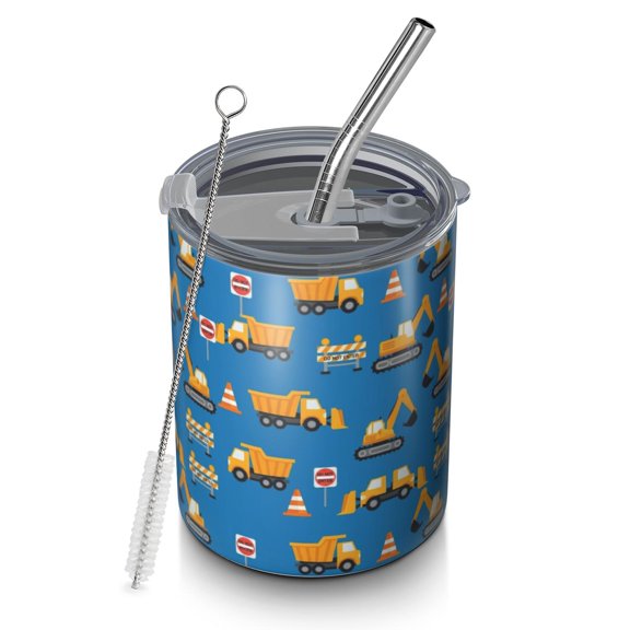 12oz Coffee Tumblers Cartoon Construction Vehicles Cones Stainless Steel Vacuum Insulated Travel Tumbler Coffee Cups Mug with Lid and Straw with Cleaning Brush for Cold & Hot Drinks