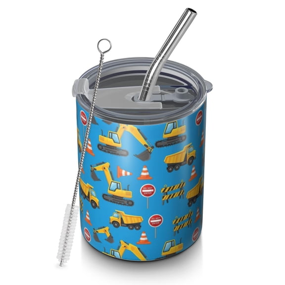 12oz Coffee Tumblers Cartoon Construction Vehicles Road Cones Stainless Steel Vacuum Insulated Travel Tumbler Coffee Cups Mug with Lid and Straw with Cleaning Brush for Cold & Hot Drinks