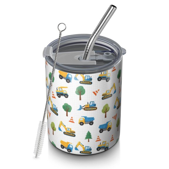 12oz Coffee Tumblers Cartoon Construction Vehicles Trees Stainless Steel Vacuum Insulated Travel Tumbler Coffee Cups Mug with Lid and Straw with Cleaning Brush for Cold & Hot Drinks
