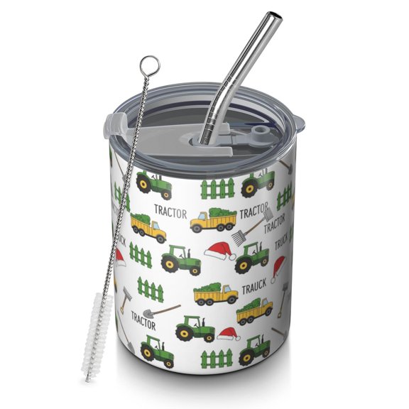 12oz Coffee Tumblers Cartoon Tractors Santa Hats White Pattern Stainless Steel Vacuum Insulated Travel Tumbler Coffee Cups Mug with Lid and Straw with Cleaning Brush for Cold & Hot Drinks