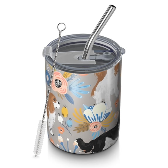 12oz Coffee Tumblers Cavalier King Charles Spaniel Dog and Flower Stainless Steel Vacuum Insulated Travel Tumbler Coffee Cups Mug with Lid and Straw with Cleaning Brush for Cold & Hot Drinks