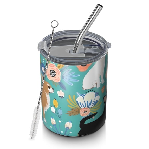 12oz Coffee Tumblers Chihuahua and Flower Florals Stainless Steel Vacuum Insulated Travel Tumbler Coffee Cups Mug with Lid and Straw with Cleaning Brush for Cold & Hot Drinks