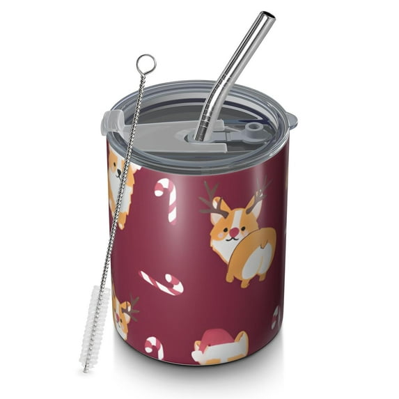 12oz Coffee Tumblers Christmas Corgi Stainless Steel Vacuum Insulated Travel Tumbler Coffee Cups Mug with Lid and Straw with Cleaning Brush for Cold & Hot Drinks