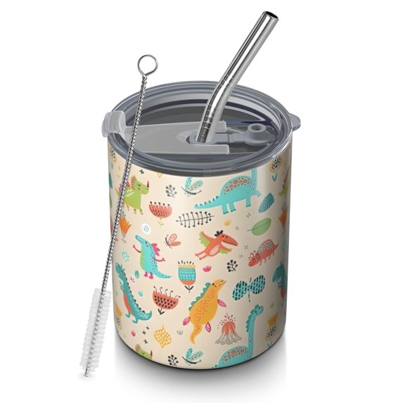 12oz Coffee Tumblers Colorful Cartoon Dinosaurs Plants Pattern Stainless Steel Vacuum Insulated Travel Tumbler Coffee Cups Mug with Lid and Straw with Cleaning Brush for Cold & Hot Drinks