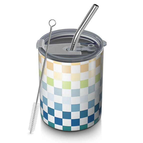 12oz Coffee Tumblers Colorful Gradient Checkerboard Checkered Pattern Stainless Steel Vacuum Insulated Travel Tumbler Coffee Cups Mug with Lid and Straw with Cleaning Brush for Cold & Hot Drinks