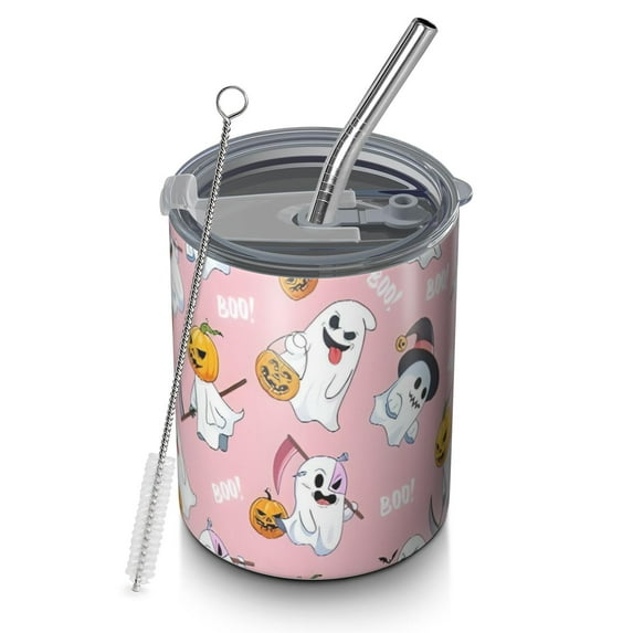 12oz Coffee Tumblers Cute Halloween Ghost Pattern Stainless Steel Vacuum Insulated Travel Tumbler Coffee Cups Mug with Lid and Straw with Cleaning Brush for Cold & Hot Drinks